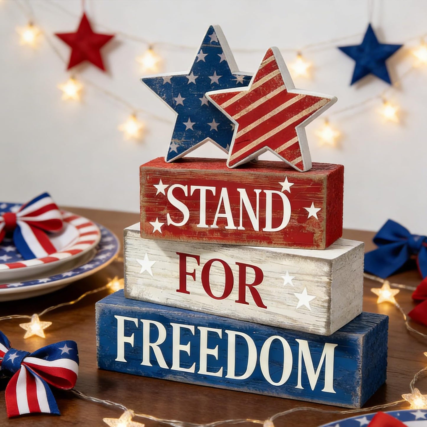 4th of July Table Decorations Patriotic Memorial Day Tiered Tray Decor Wooden Stars Block Signs Independence Farmhouse 250th July Fouth Centerpiece for Tables Wooden Sign for Home Decor