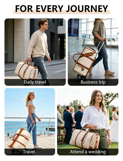 BSAKG 3 in 1 Convertible Garment Duffle Bags for Travel 45L Smooth Zipper Rolling Duffle Bag With Wheels Waterproof Carry On Duffle Bag for Men&Women with Weekends Weddings Business Short Trips Beige