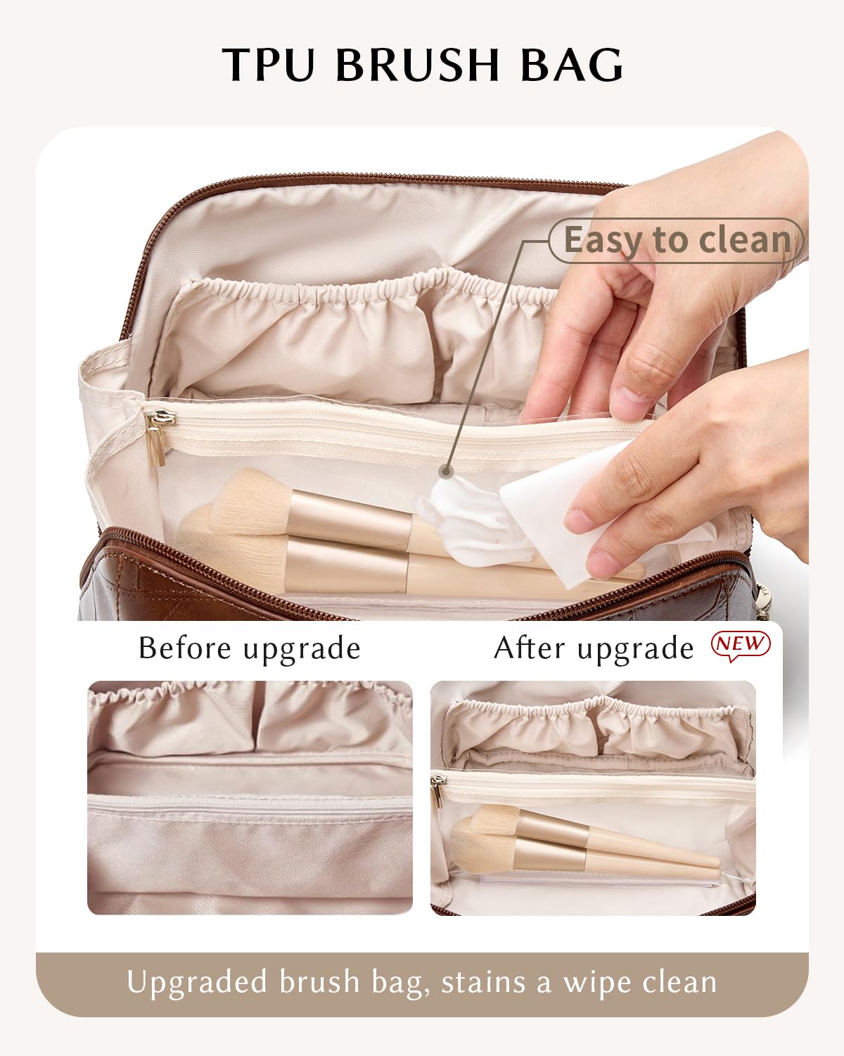 Yikisite Makeup Bag, Travel Cosmetic Bags toiletry bag for Women, Waterproof PU Leather Make Up Pouch Organizer Travel Essentials Organizer with Divider (Brown)