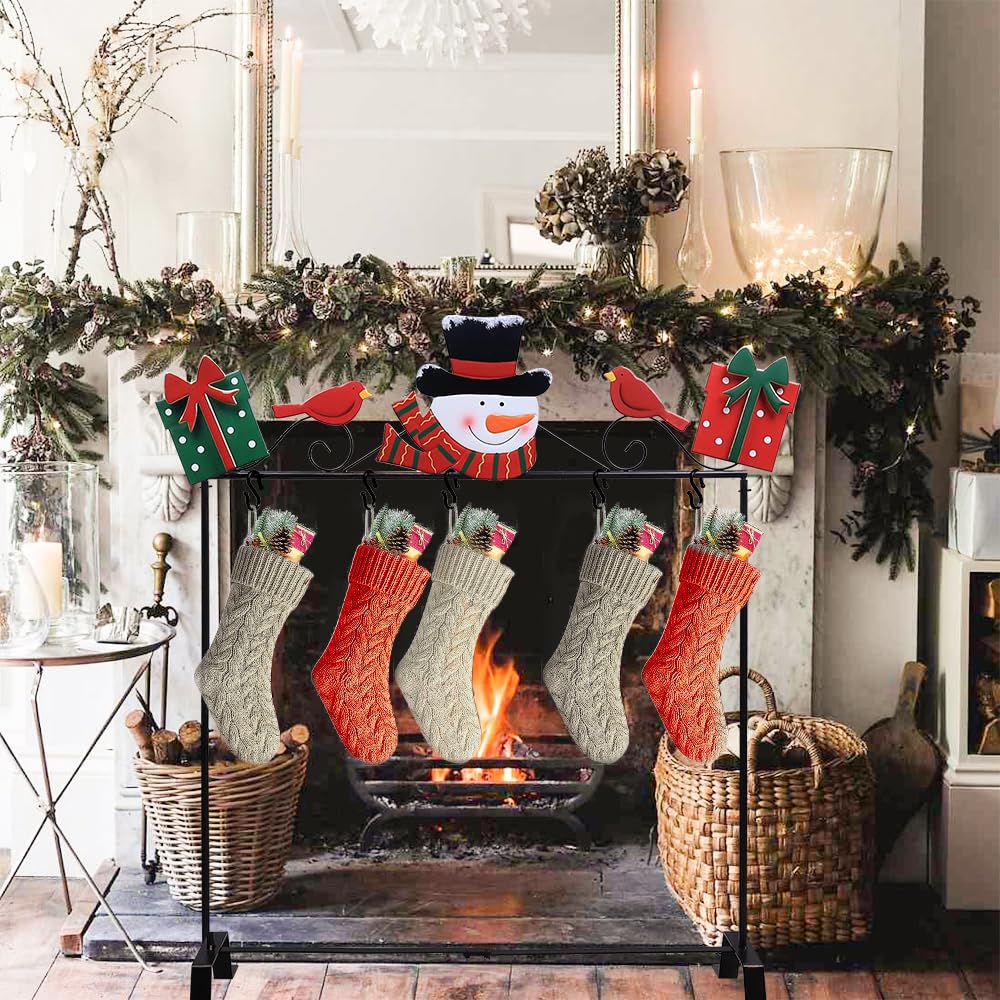 YEAHOME Christmas Stocking Holder Stand, Metal Freestanding Stocking Stand with Snowman Red Bird Xmas Gifts Box, 5 Hooks Stocking Hanger for Christmas Decorations Indoor Home Living Room Fireplace