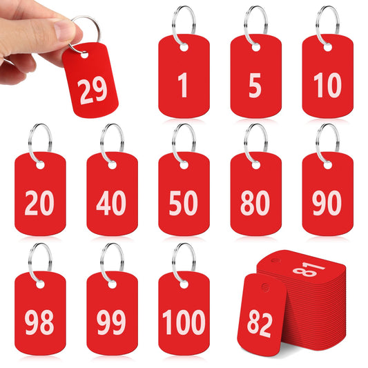 100 PCS Plastic Number Tags with Rings 1-100 Red Number ID Tags Waterproof Key Ring Tags Number Keychains Rectangular Luggage Tags with Numbers for House Lockers Dormitory Keys