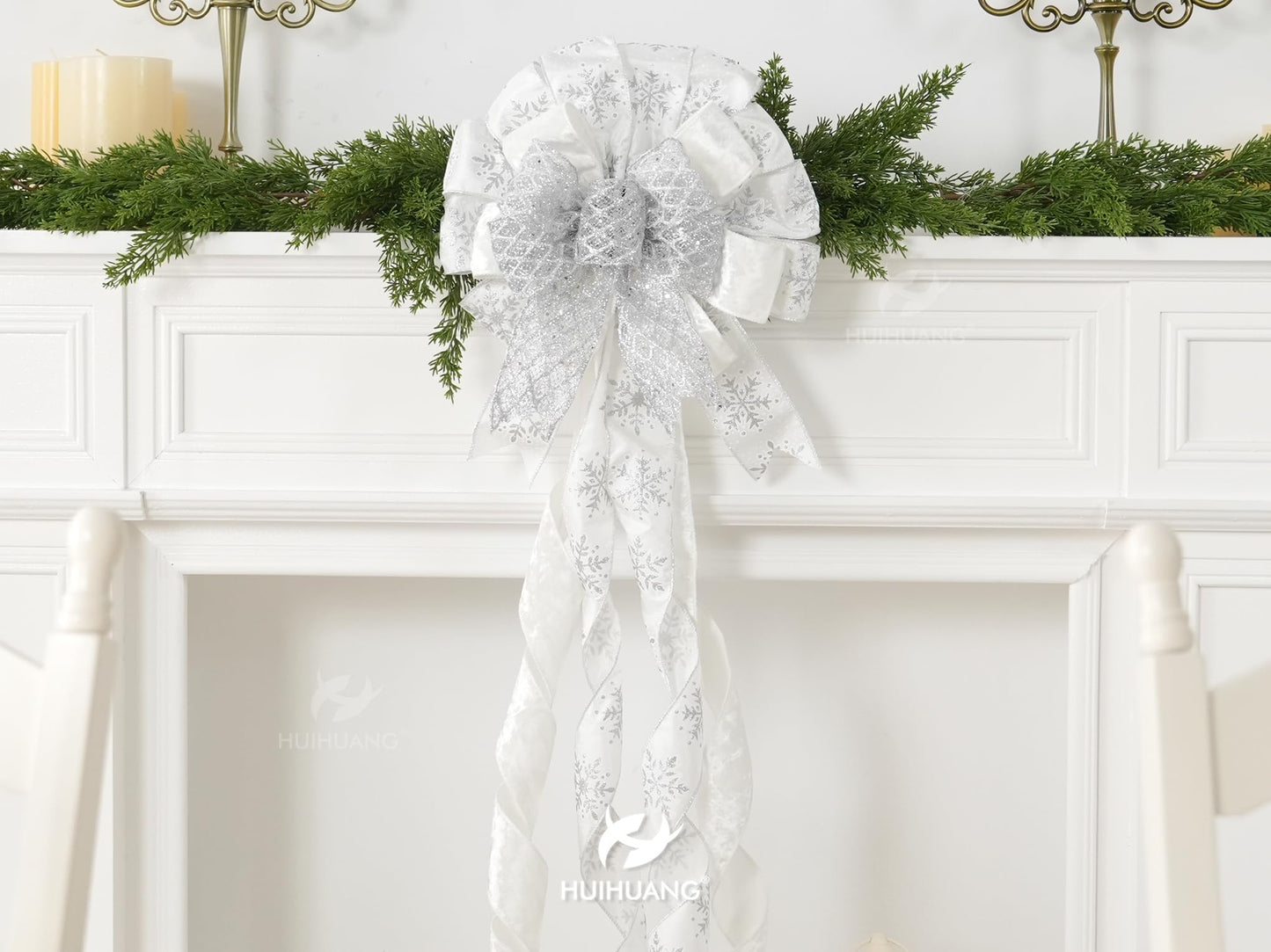 HUIHUANG Silver and White Christmas Tree Topper Bow 13 inch x 45 inch Large Glitter Christmas Bows Snowflake Velvet Bows for Christmas Tree Ornament, Wreaths, Staircase, Mantel, Home Decor