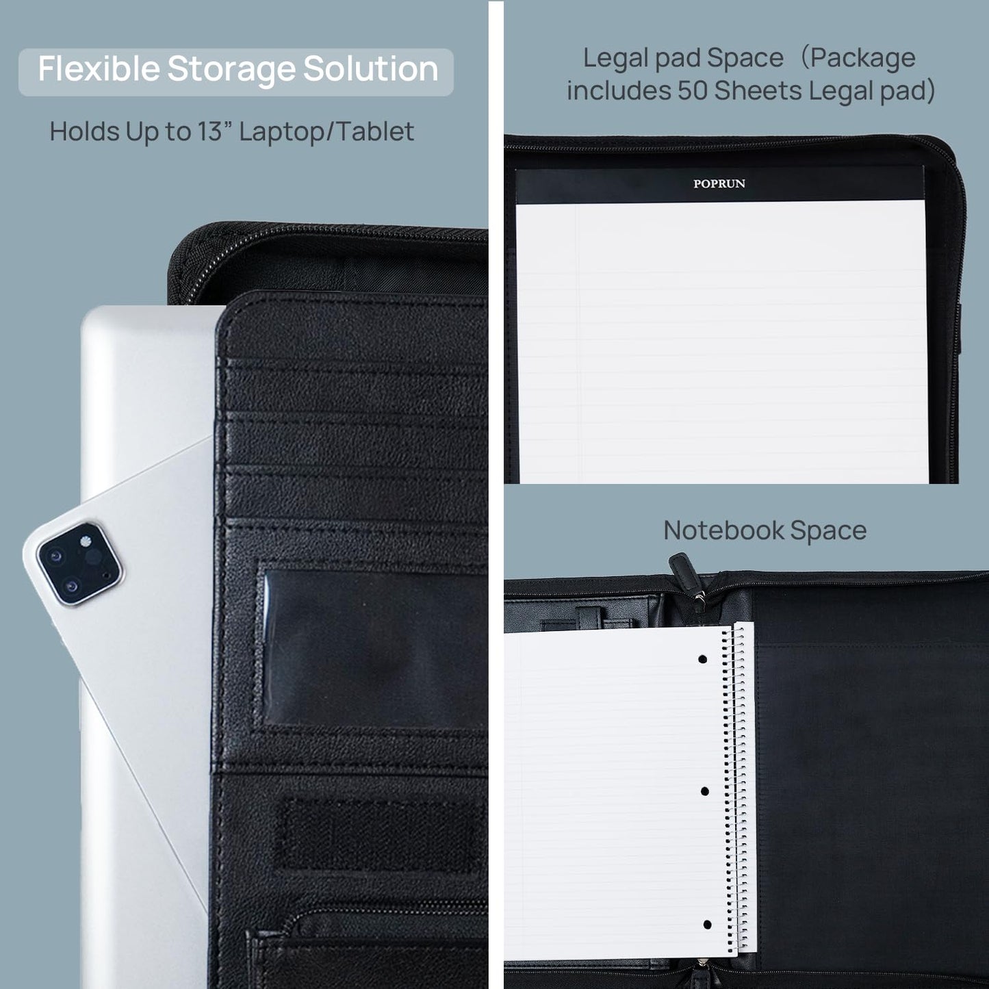 POPRUN Portfolio with Zipper, PU Leather Padfolio Document Organizer with Storage, Professional Business Folder for Meeting Presentation, Includes 50 Sheet Writing Pad, Black