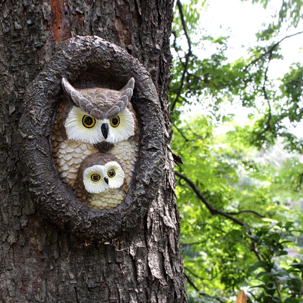 JARPSIRY Owl Tree Hugger Whimsical Tree Sculpture Garden Statues Outdoor Tree Face Decor Garden Peeker Yard Art Decorations (Mom and Baby Owl)