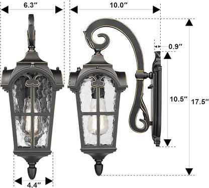 Emliviar Dusk to Dawn Sensor Outdoor Lighting - Farmhouse Outdoor Porch Lights for House 17.5 Inch, Black Finish with Water Glass Shade, WE215B-PC BG