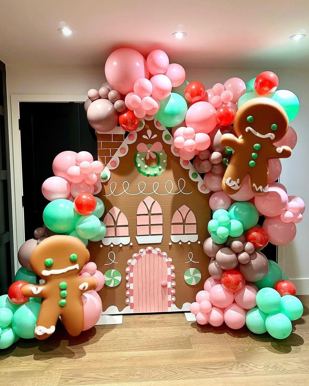 Merry Christmas Balloon Arch Kit Pink Balloon Garland, 112pcs Christmas Decorations Pink Red Green Balloons with Windmill Cane Foil Balloon, Baby Shower Xmas Party Supplies Decor