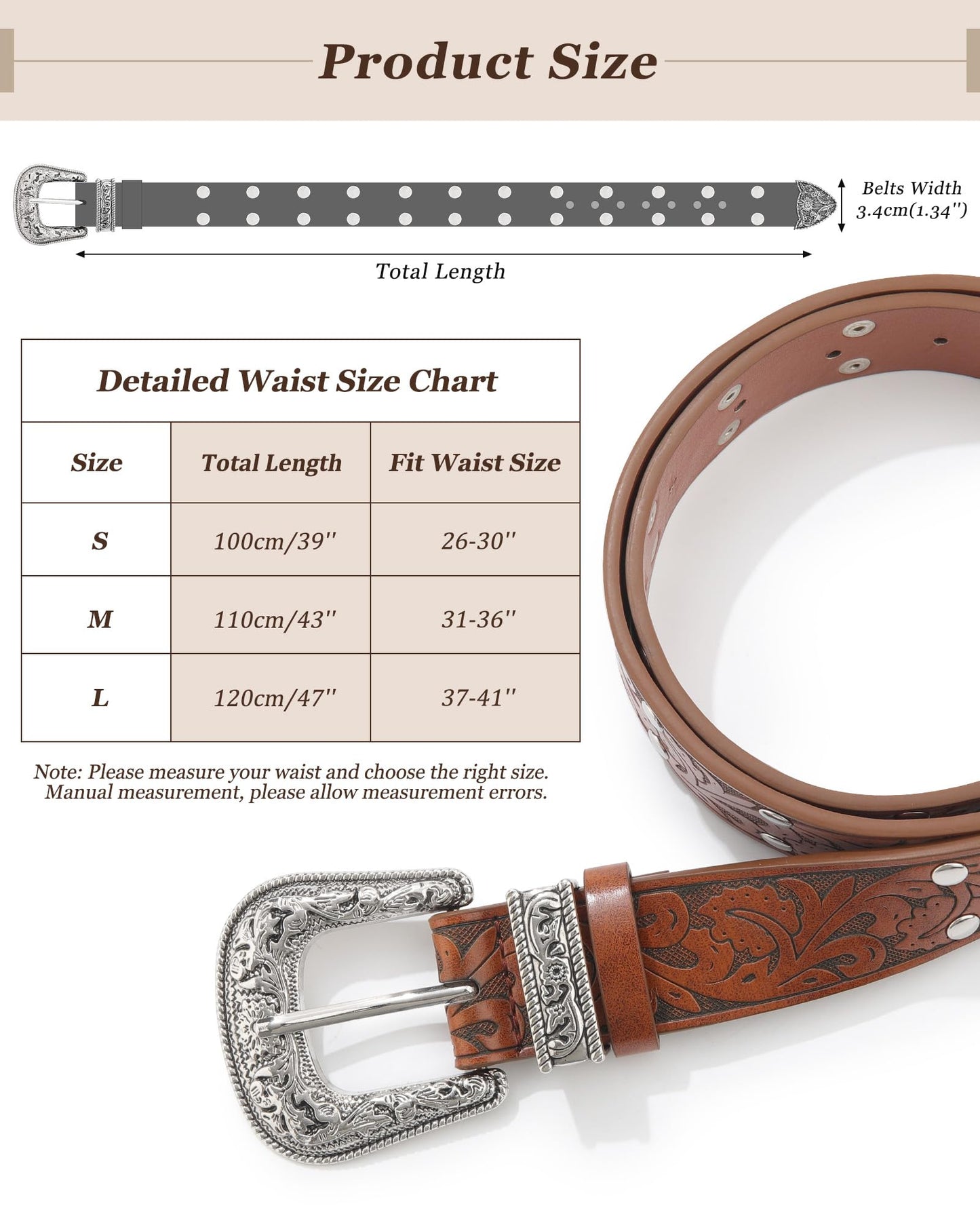 Kajeer Western Belt for Women, Women Cowboy Belt Vintage Engraved Rivet Cowgirl Country PU Leather Belt for Pants Jean