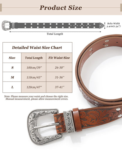 Kajeer Western Belt for Women, Women Cowboy Belt Vintage Engraved Rivet Cowgirl Country PU Leather Belt for Pants Jean