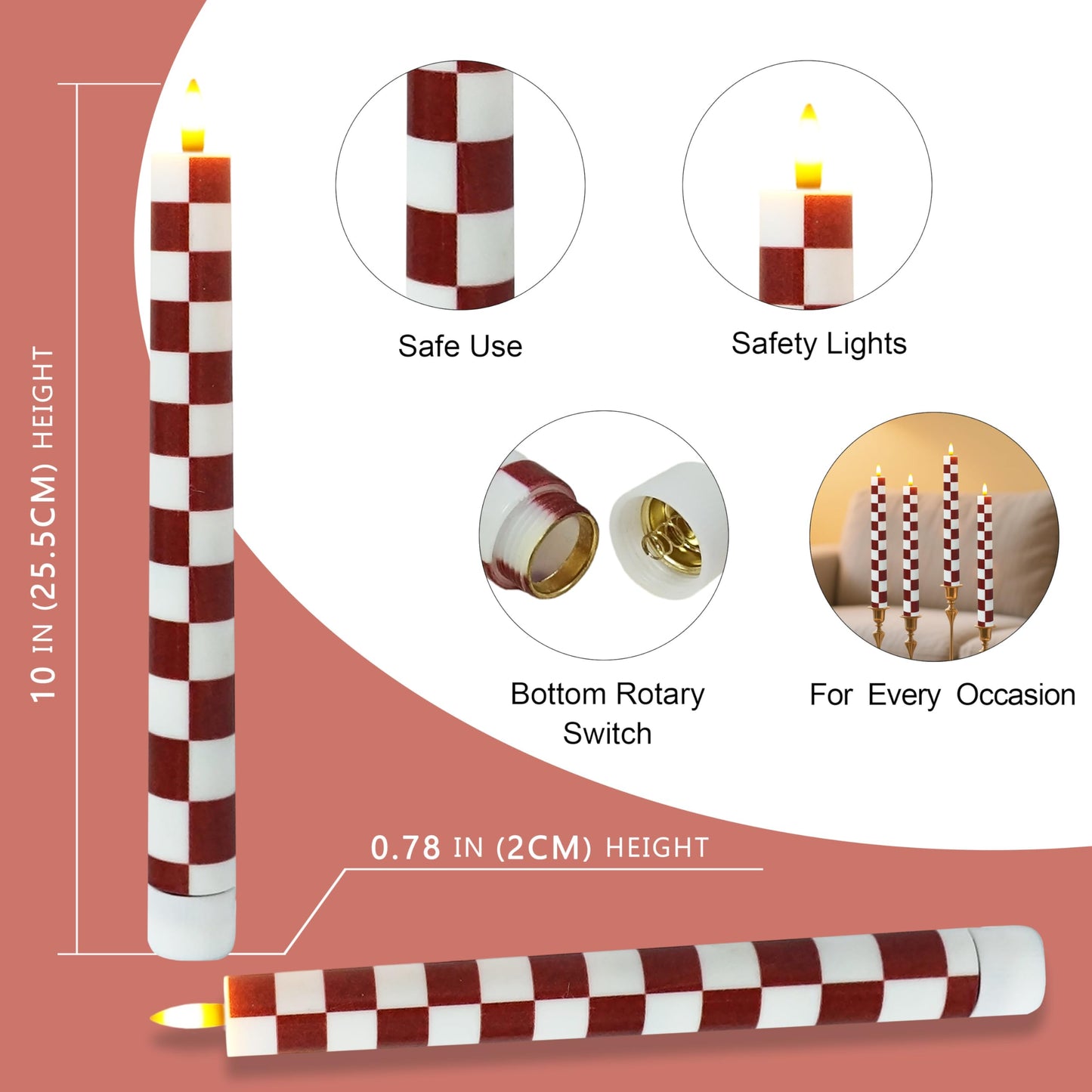 SEUCRWAX 10 Inch Flameless Taper Candles,LED Candlesticks Battery Operated with 10-Key Remote and Timer,4p Flame Lights for Wedding Decoration Party(Chessboard)