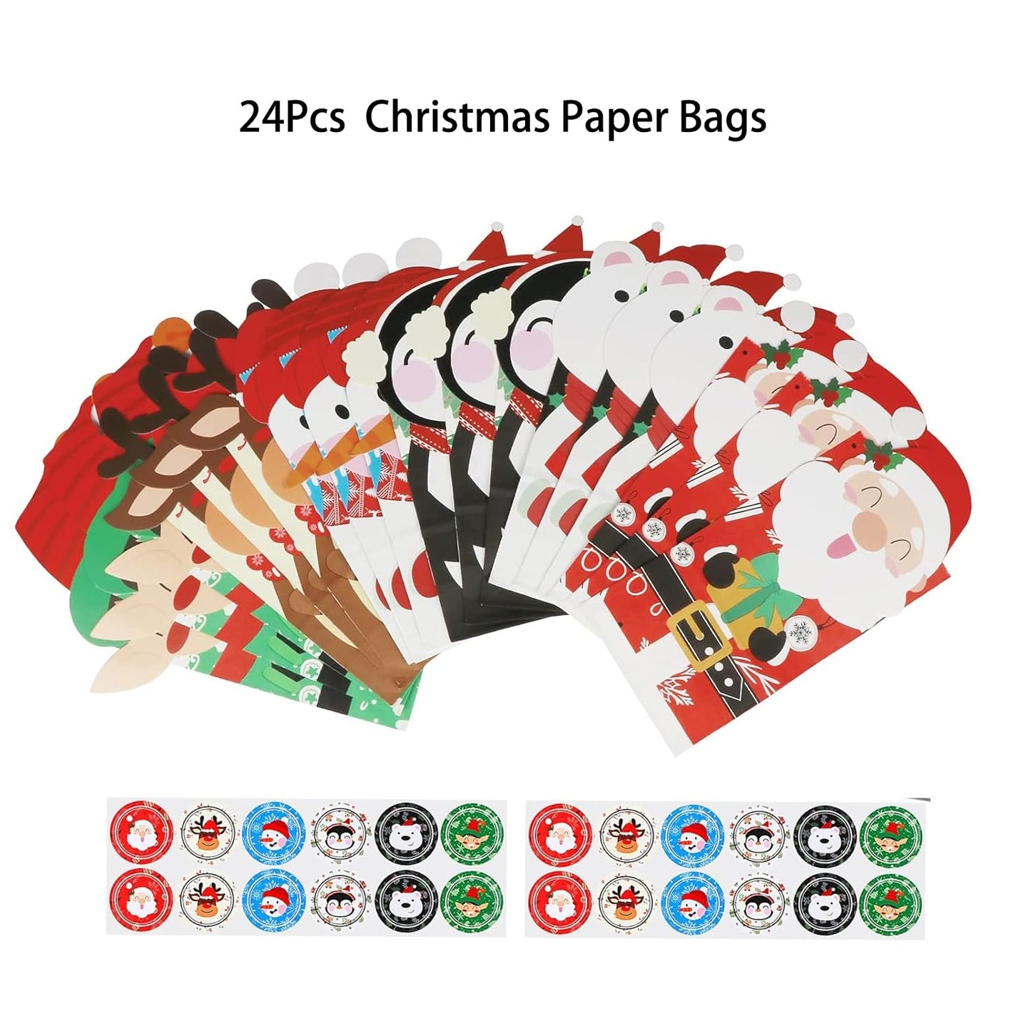 Christmas Treat Bags - 24 Pcs Paper Gift Bags with 24 Stickers, Kraft Goodie Bags for Party Favors, Classroom Giveaways & Seasonal Celebrations