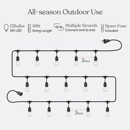 Brightech Ambience Pro - Waterproof LED Outdoor String Lights - Hanging, Dimmable 2W Vintage Edison Bulbs - 48 Ft Commercial Grade Patio Lights Create Cafe Ambience in Your Backyard