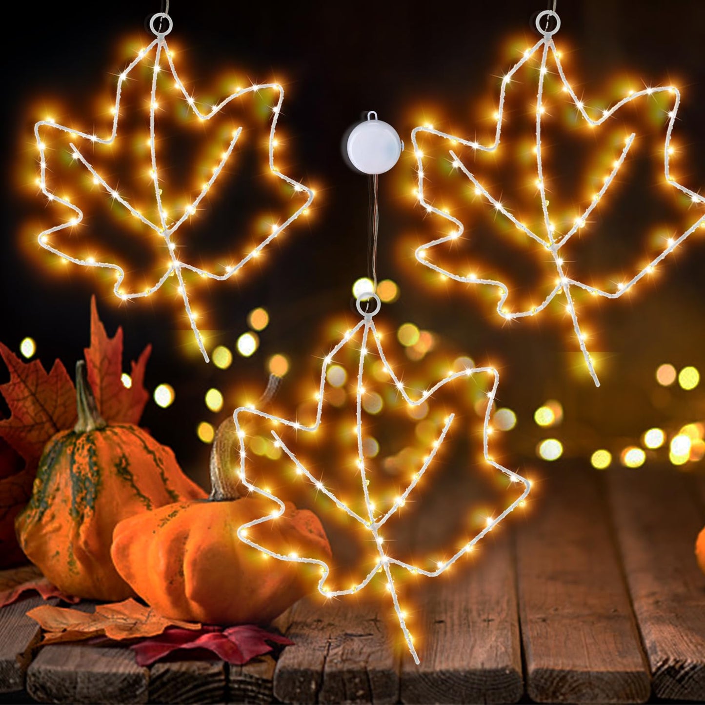 (New) Cerflyer Fall Decoration, Thanksgiving Window Lights with Suction Cup, Metal Frame Maple Leaf Silhouette Lights for Window Wall Home Fall Thanksgiving Décor, Battery Operated - 3 Pack