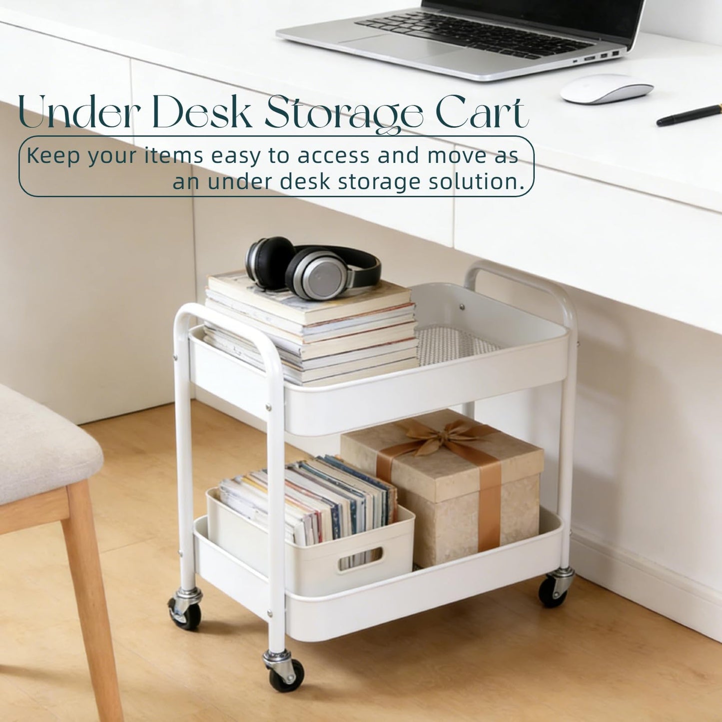 LIWNYRK 2 Tier Metal Rolling Cart with Wheels for Under Desk Storage & Pantry Storage, High Load-Bearing Kitchen Utility Cart for Small Space, Laundry Room Organization Side Table with 4 Hooks, White