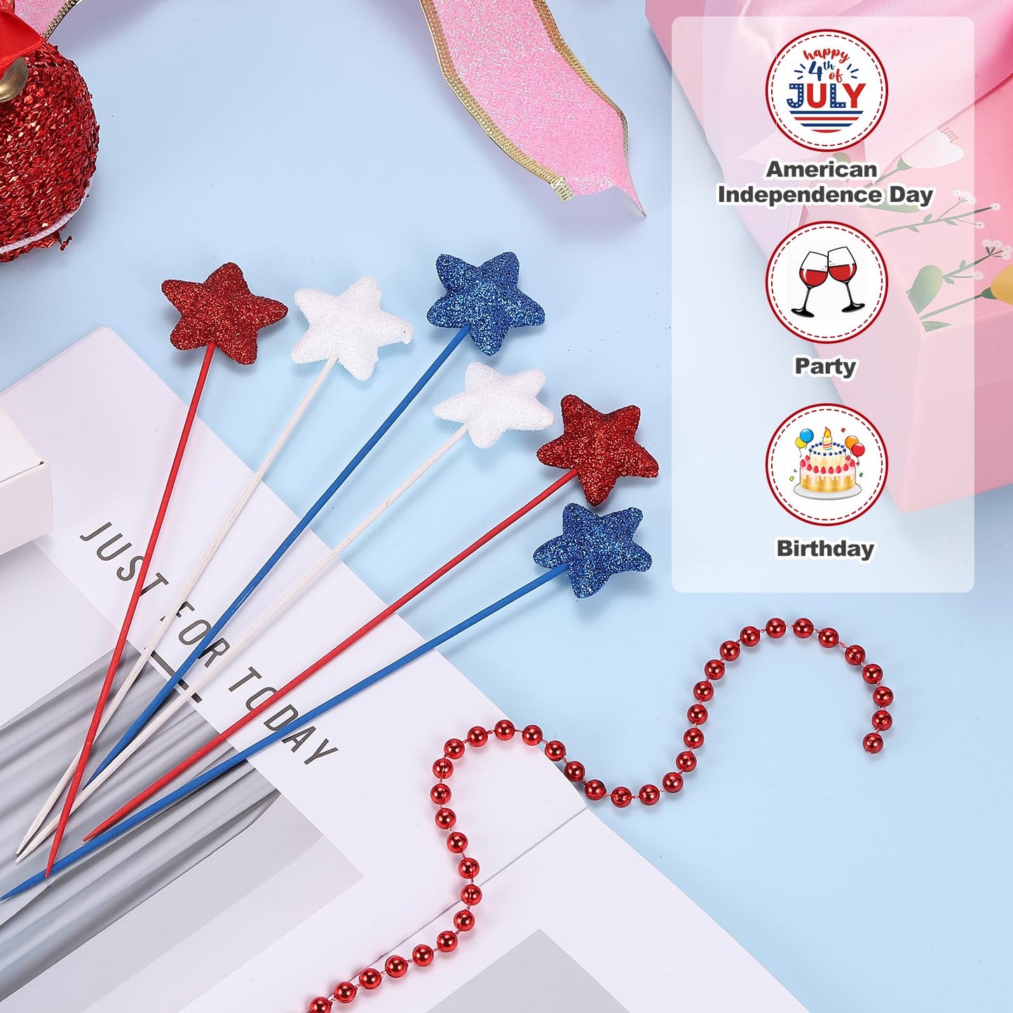 MECCANIXITY 12 Pcs 4th of July Glitter Star Picks 8" Puffy Foam Floral Sparkly Sticks for American Independence Day Memorial Day Party Crafts Supplies Decorations Patriotic Decor (Navy Blue)