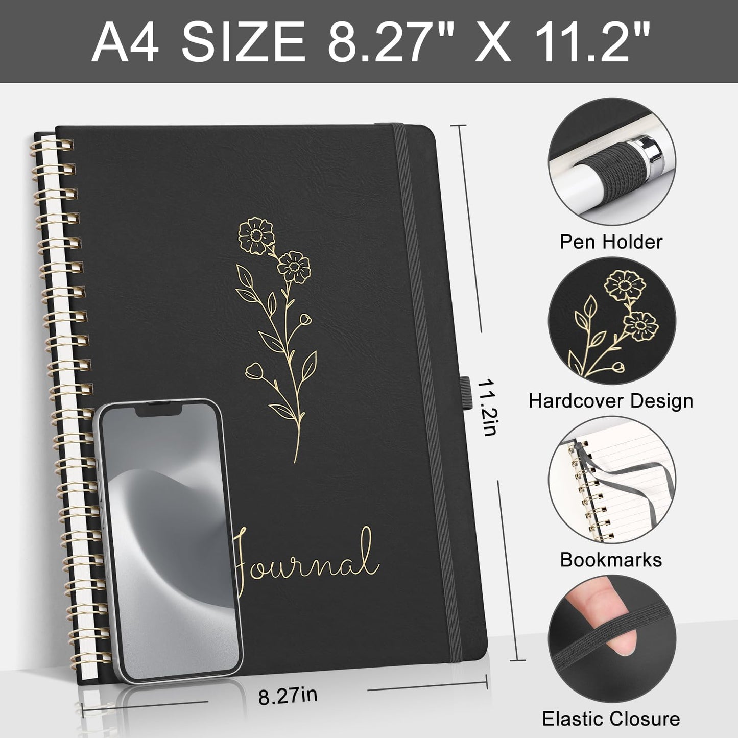 EMSHOI A4 College Ruled Spiral Notebook, Large 8.27"x11.2", 110 Numbered Pages, 100GSM Ink-Proof Faux Leather Hardcover Lay-Flat Lined Journal for Work Office School Writing, Black