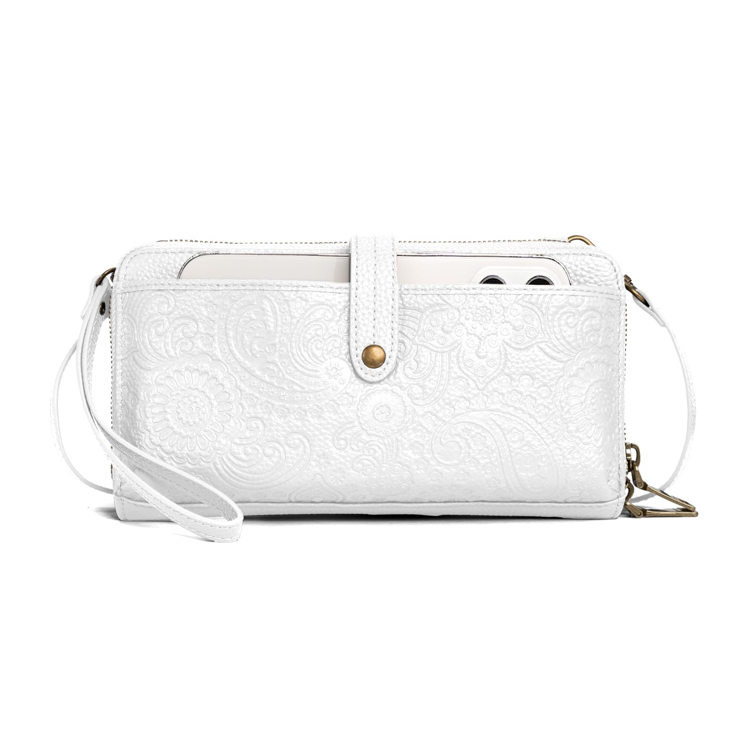 befen Genuine Leather Wallet Purse for Women, White Purse Cell Phone Crossbody with Built in Wallet Soft Real Leather Crossbody Bag with RFID Blocking Travel Small Cluth Purse with 2 Removable Strap