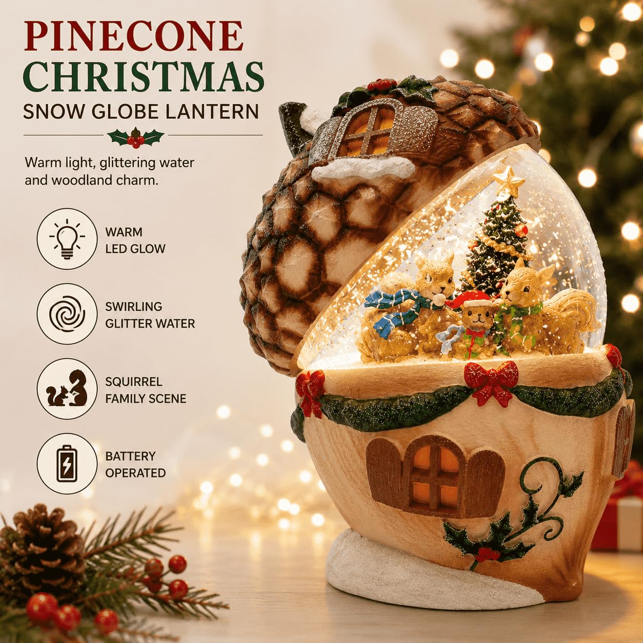 Christmas Pinecone Snow Globe Lantern with 6 Hours Timer, 3 AAA Battery Operated Glittering Water Globe, Lighted Squirrel Family Snow Globes for Xmas Mantel Tabletop Shelf Holiday Decorations Gifts