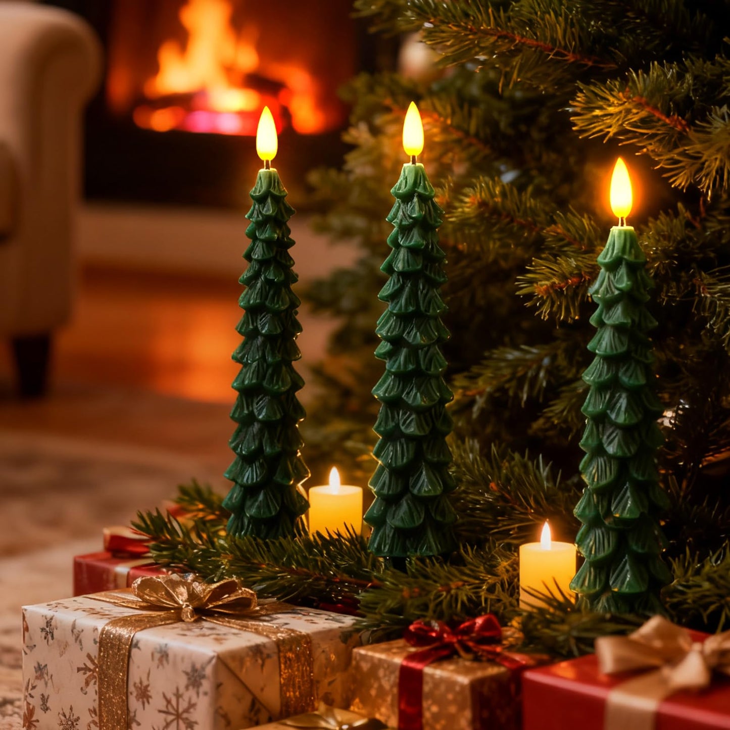 KDVOG 3Pcs Christmas Tree Candles with Remote, Real Wax Flameless Taper Candles,LED Candlesticks Window Candlelights with 3D Flickering Flame for Xmas New Year Home Decorations Gifts 9.7 in