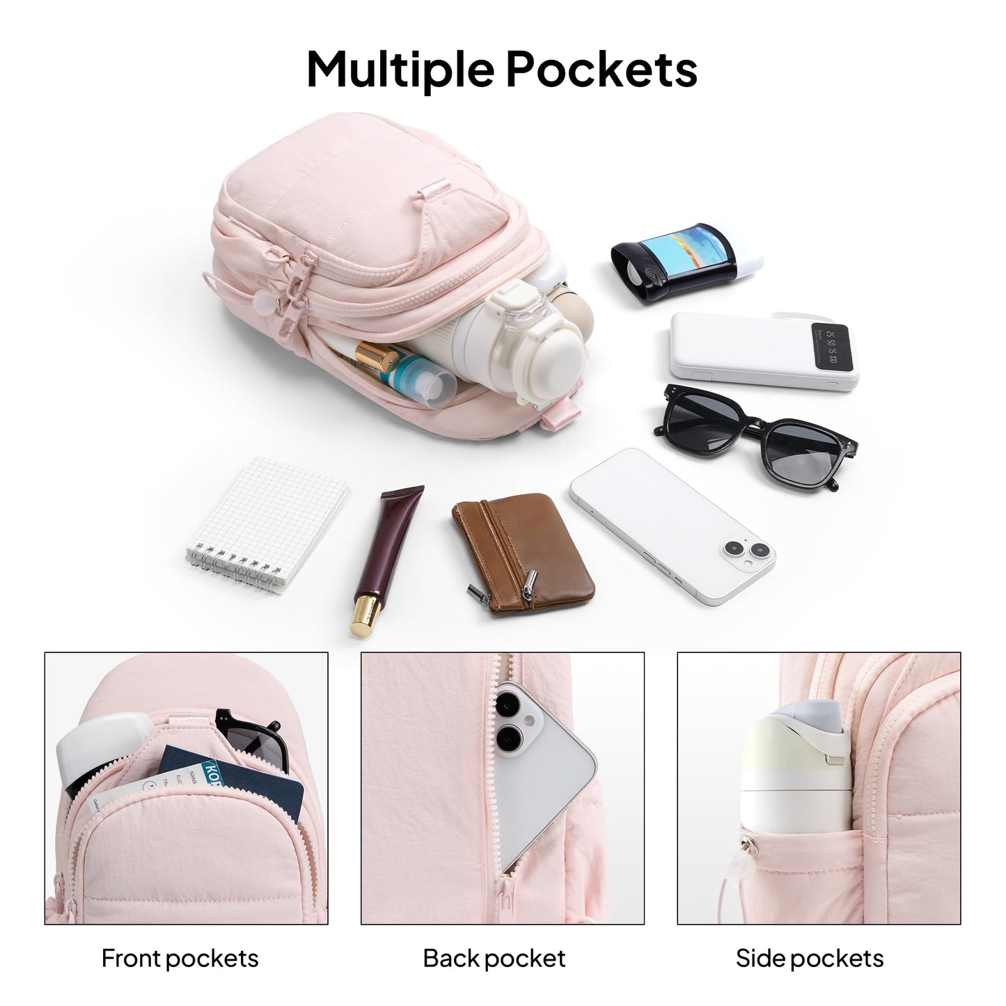 TOPEAST Anti-Theft Crossbody Bags for Women, Sling Bag with RFID Blocking & Water Bottle Holder for Travel, Lightweight Puffer Cross body Purse for Daily Hiking, Water-resistant, Pink
