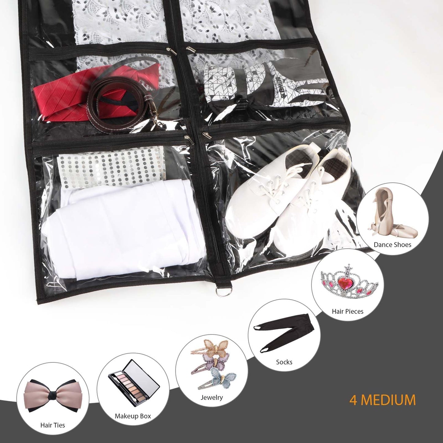 Syeeiex 3" Gusseted Clear Dance Costume Garment Bag(5 Pack), 40'' Dance Garment Bags for Dancers with 4 Zipper Pockets & Can Hold 1-3 Dance Costumes - Suitable for Dance Competitions, Ballet(Black)