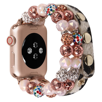 VIQIV Bracelet Band Compatible with Apple Watch 41mm/40mm/38mm Series 7 6 5 4 3 2 1 for Women Girls, Fashion Multi-Wraps Elastic Glitter Beaded Leopard Leather Strap for iwatch Bands
