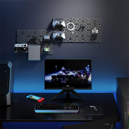 PEGZONE Controller and Headphone Holder Wall Mount, Modular Gaming Pegboard with Accessories, Controller Stand for Xbox PS5 PS4 Switch, Video Game Storage, Disc Shelf Organizer, 7pcs Pegboard, Black