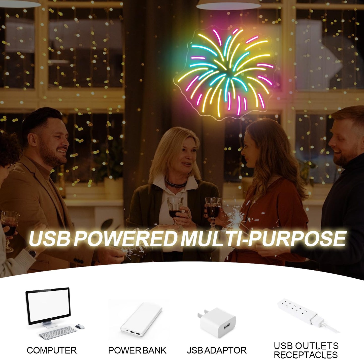 Fireworks Neon Sign 13.8x12.8in LED Wall Light USB Powered Decorative Sign for New Year Party Holiday Celebration Bedroom Living Room Wedding Party Decor