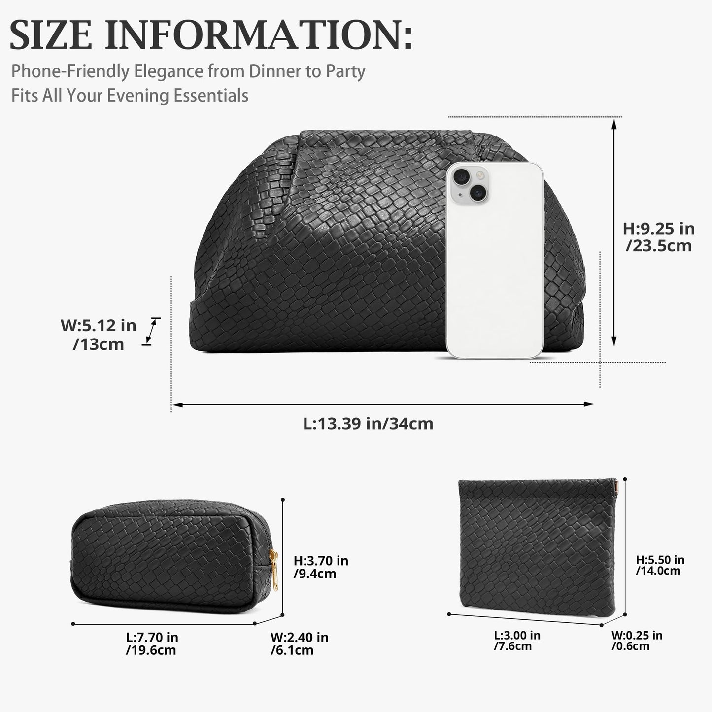 BOYATU Travel Makeup Bags for Women: Elegant Evening Woven Vegan Leather Make up Bag Clutch – 3 Pcs Set Large Capacity Compact Cosmetic Organizer for Purse,Bride Bridesmaid Gift (Black)