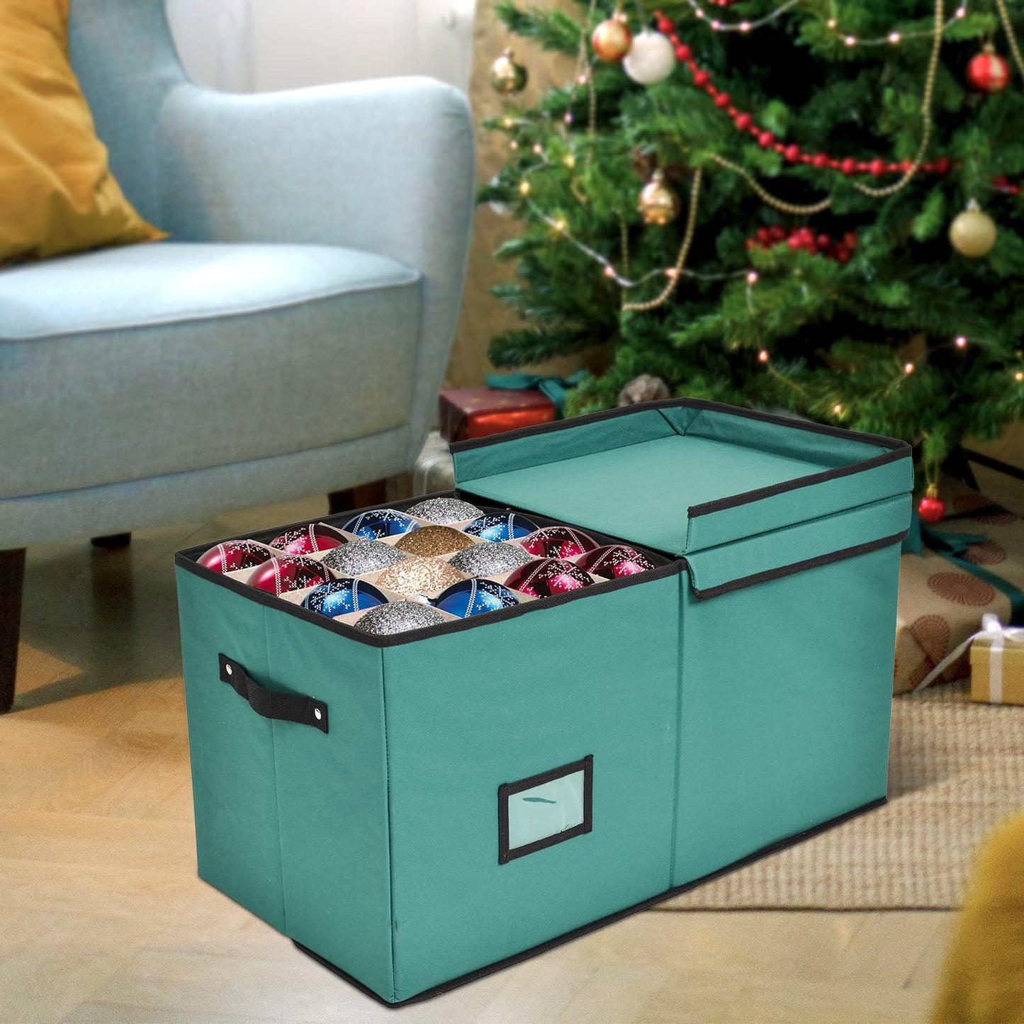 Holiday Cheer Premium Christmas Ornament Storage with 8 Tray – Christmas Storage Container with Dividers Perfect for Holiday Decorations– Fits 128 Holiday Ornaments – Tear-Proof Fabric