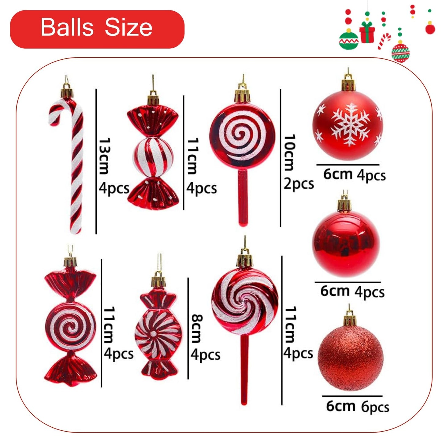 36 Pcs Christmas Ornaments, MOYEE Shatterproof Plastic Christmas Ornaments for Tree - Candy Cane Christmas Decorations Candies Christmas Ball Ornaments (Red)