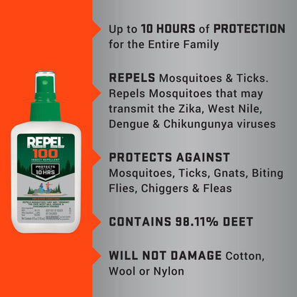 Repel 100 Mosquito and Insect Repellent, 4 Ounces, With DEET, 10-Hour Protection Long-Lasting Insect Repellent Bug Spray Repels Mosquitoes, Ticks, Gnats, Biting Flies, Chiggers And Fleas