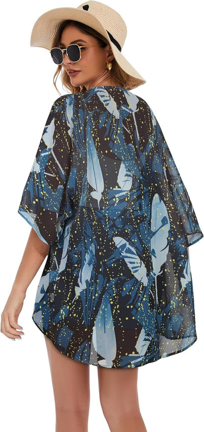 Floral Print Puff Sleeve Kimono Cardigan - Casual Women's Cover-Up Blouse Tops