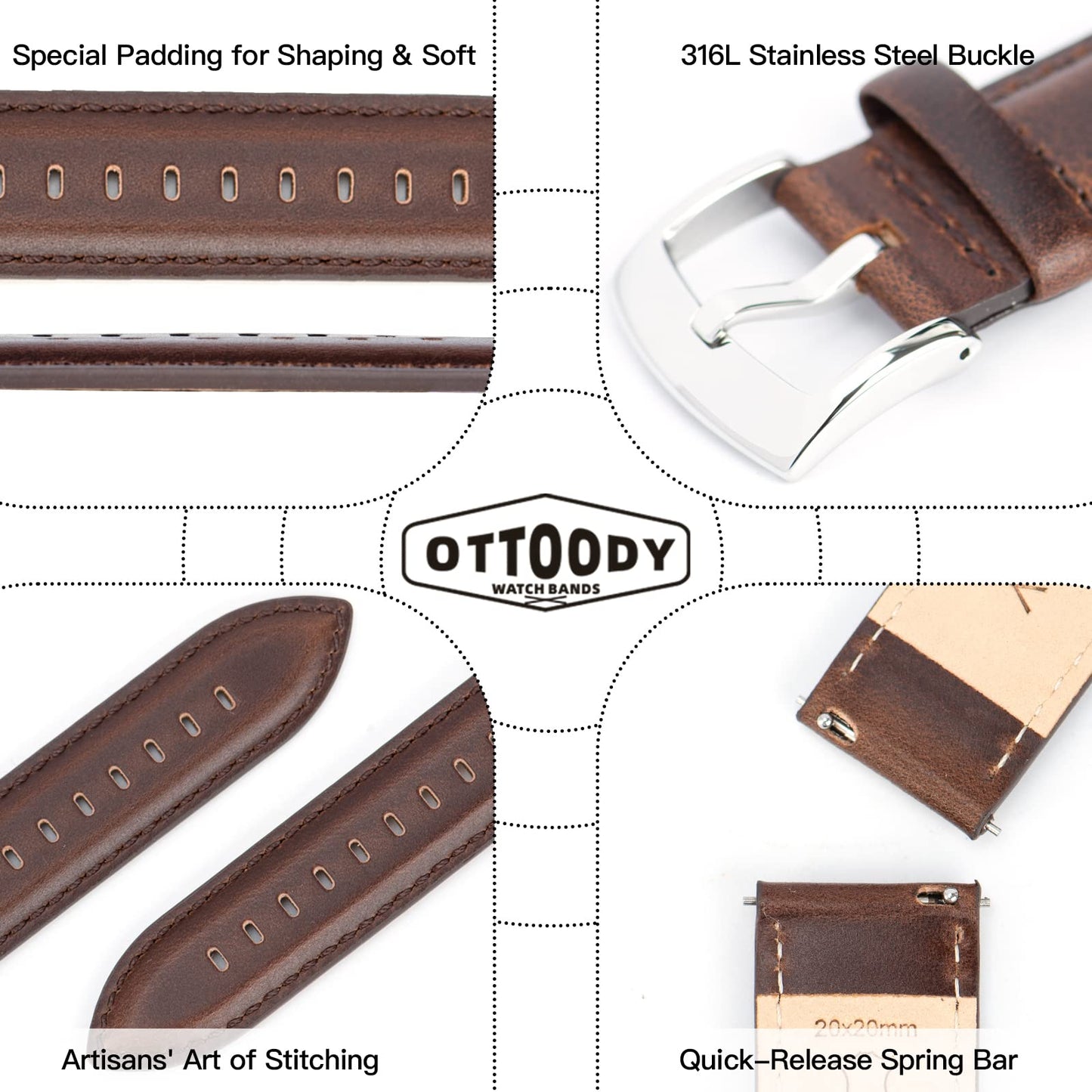 OTTOODY Leather Watch Bands Quick Release, Elegant Top Grain Leather Watch Straps for Men & Women, Choice of Color & Width - 18mm, 19mm, 20mm, 21mm or 22mm Wristbands Bracelet for Watch & Smartwatch