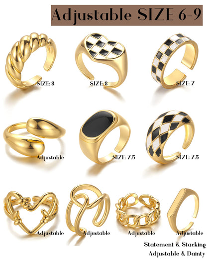 FAXHION 12PCS Gold Stackable Rings Set for Women, 18K Gold Plated Open Stacking Knuckle Ring, Adjustable Chunky Signet Band Statement Ring for Gift