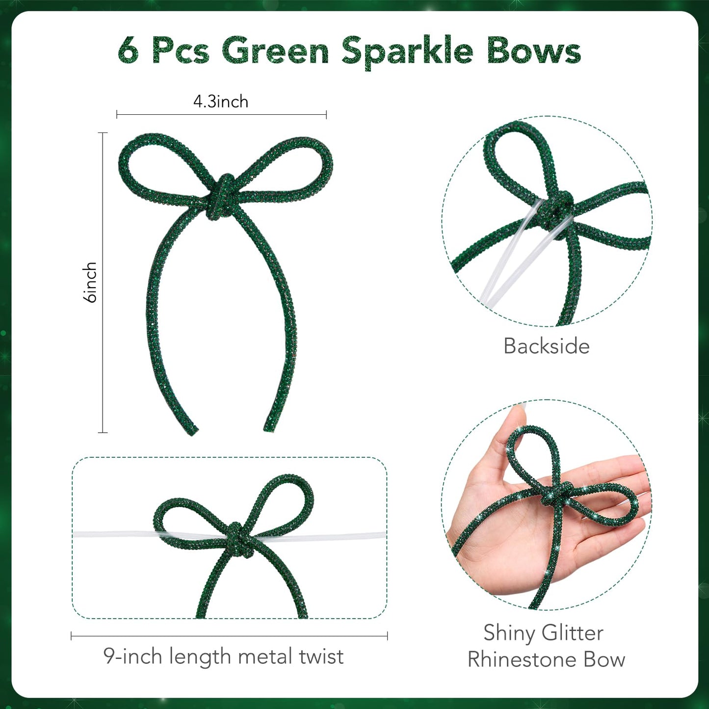 FLAIR GIFTS 6 Pcs 4.3" x 6" 2026 Christmas Bows for Tree Decor, Green Sparkly Glitter Rhinestone Bow Ornaments with Twist Tie for Xmas Decoration, Wreath, Garland, Gift Wrapping