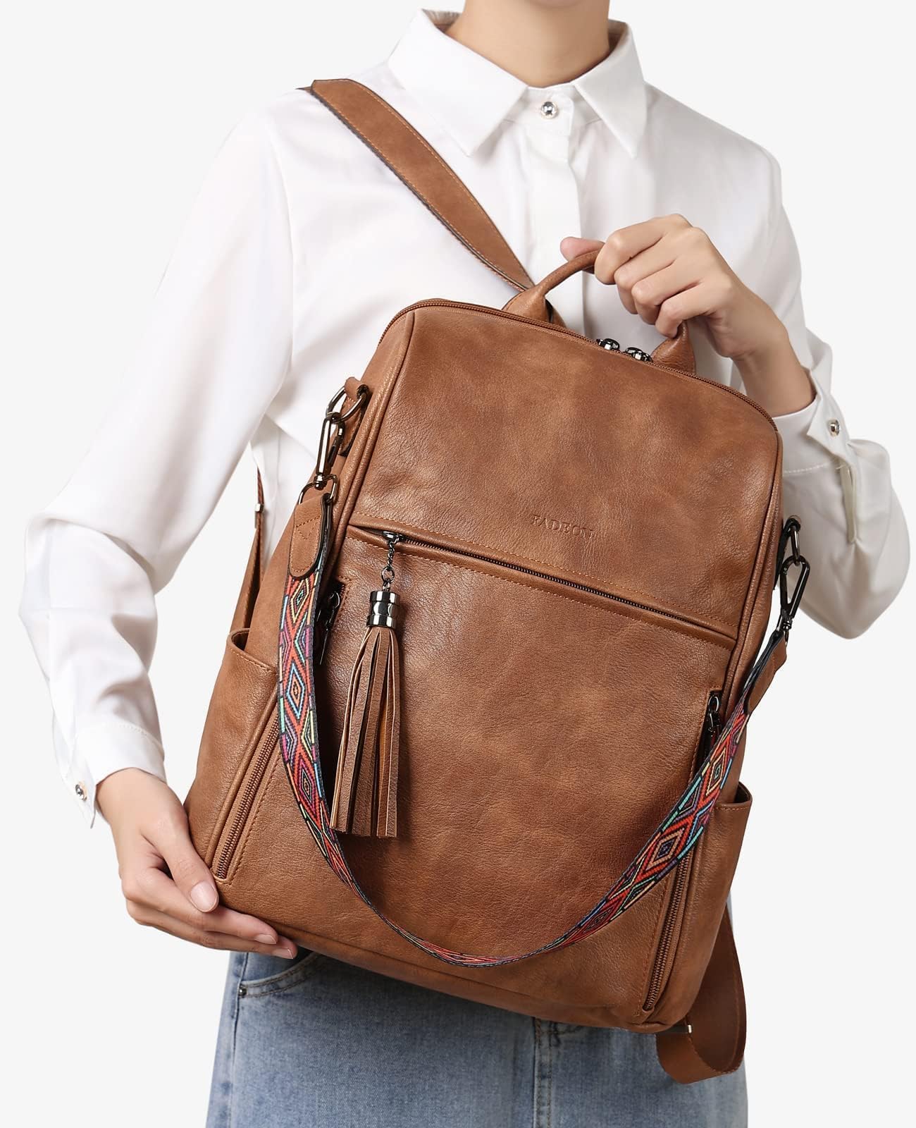FADEON Leather Backpack Purse for Women Designer Travel Backpack Purses PU Fashion Ladies Shoulder Bag with Tassel Brown