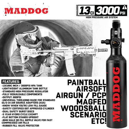 Maddog 13ci/3000psi Aluminum Compressed Air HPA Paintball Tank with Regulator - Hydro Cycle Exempt - Refillable Tank Ships Empty - 3 Pack