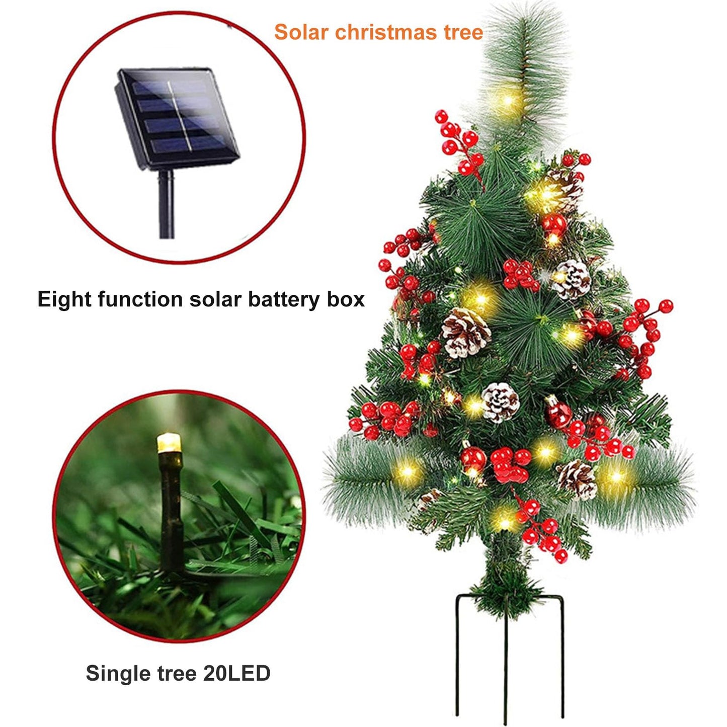 Prelit Artificial Christmas Trees Lights 17.2 Inch Solar Christmas Tree Pathway Lights with Stake Red Berries Pinecones Waterproof Xmas Urn Filler Solar Stake Lights Garden Decor(1Pcs/Solar Powered)