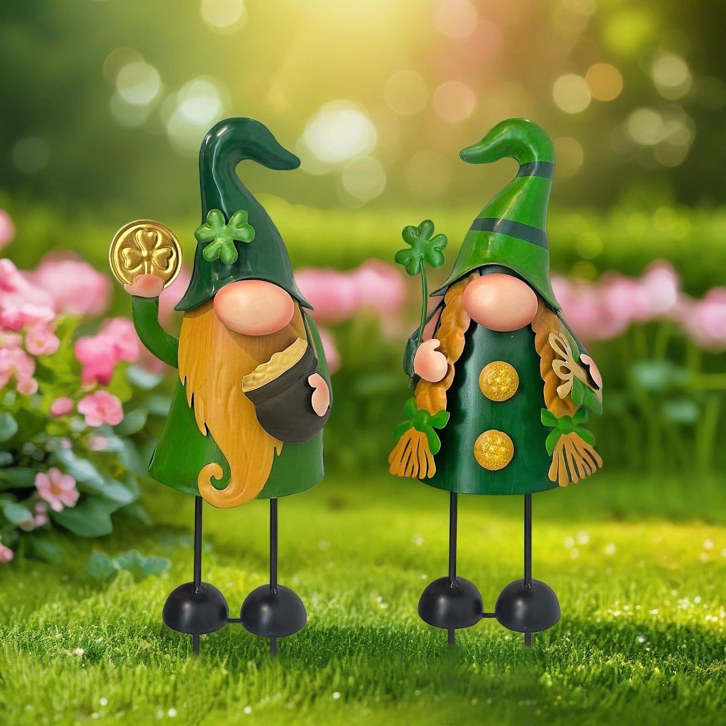 HONGLAND 18 Inch Spring Gnomes Outdoor Decor, 2Pcs Metal Gnomes Garden Stakes, Gnome Gifts for Women Outside Decorations for Yard Home Garden Lawn Patio