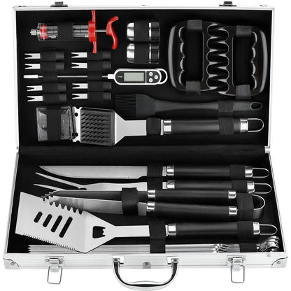 POLIGO 26PC Exclusive BBQ Grill Accessories in Aluminum Case for Birthday Christmas Grilling Gifts - Premium Grill Utensils Set with Barbecue Claws, Meat Injector, Thermometer for Smoker, Camping BBQ