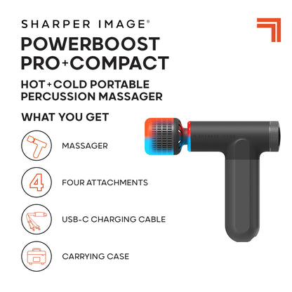 Sharper Image® Powerboost® Pro+ Hot & Cold Compact Deep Tissue Massage Gun - 6 Speed, 4 Attachments, Travel Case| Heat & Cold Therapy| Lightweight Shoulder & Back Massager| Fathers Day Gift for Dad