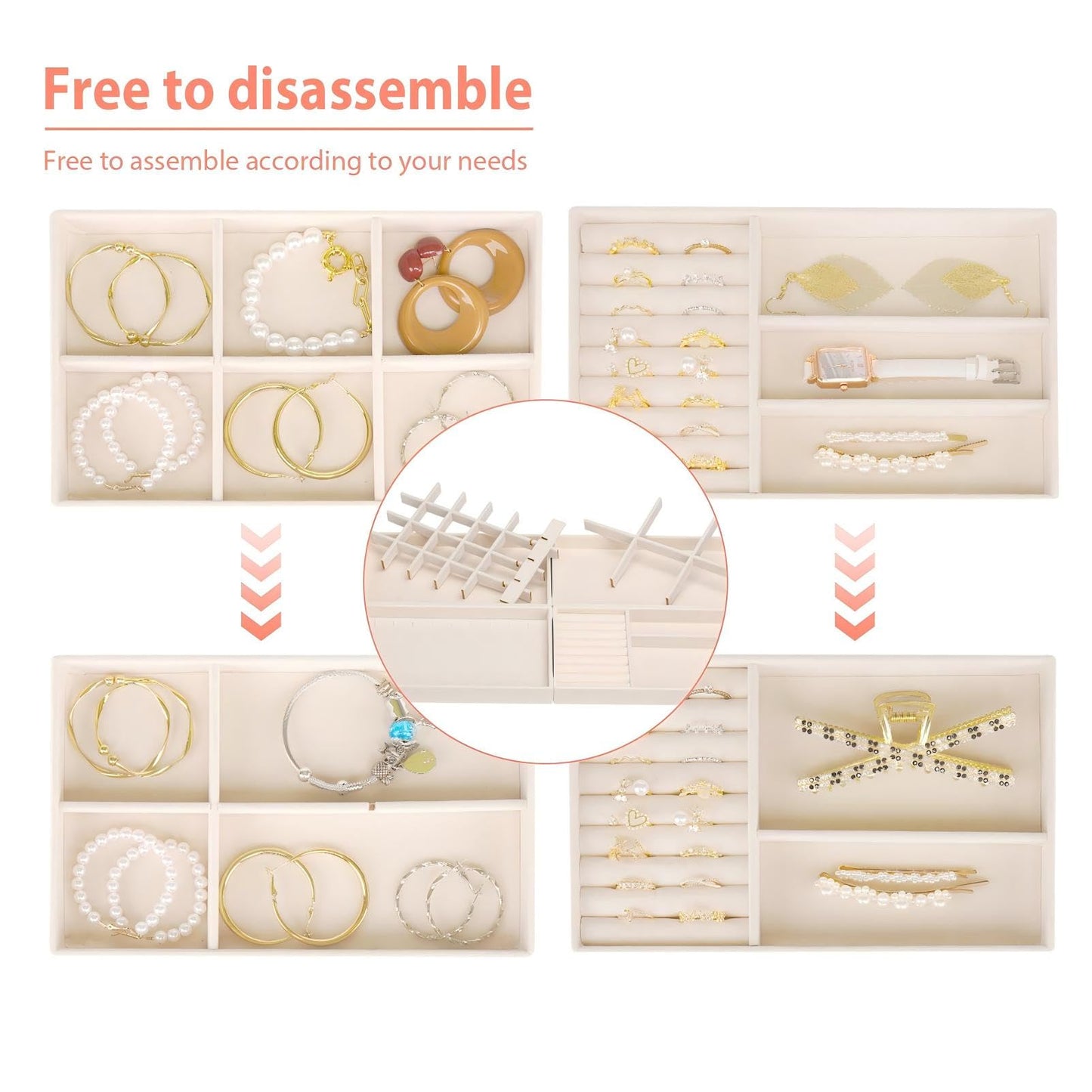 Cirhy Velvet Jewelry Drawer Organizer Trays – Stackable Jewelry Trays for Drawers, Set of 4 Jewelry Organizer for Drawer Inserts, Display Storage Box for Earrings, Rings, Necklaces, Bracelets