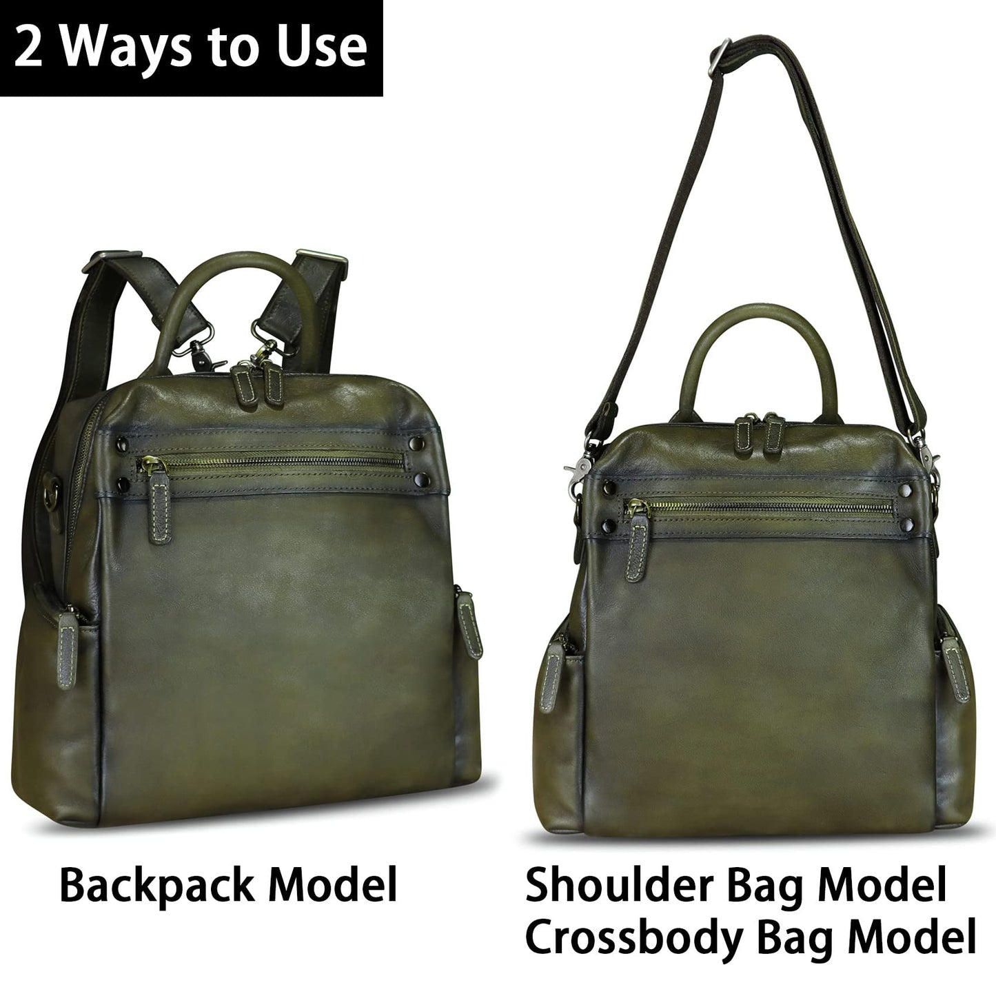 Genuine Leather Backpack Purse for Women Vintage Casual Daypack Knapsack Handmade Rucksack Convertible Shoulder Bag (Green) Medium