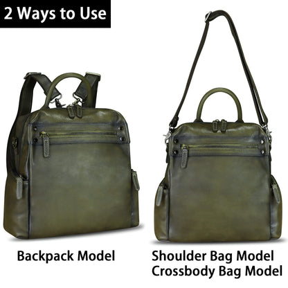 Genuine Leather Backpack Purse for Women Vintage Casual Daypack Knapsack Handmade Rucksack Convertible Shoulder Bag (Green) Medium