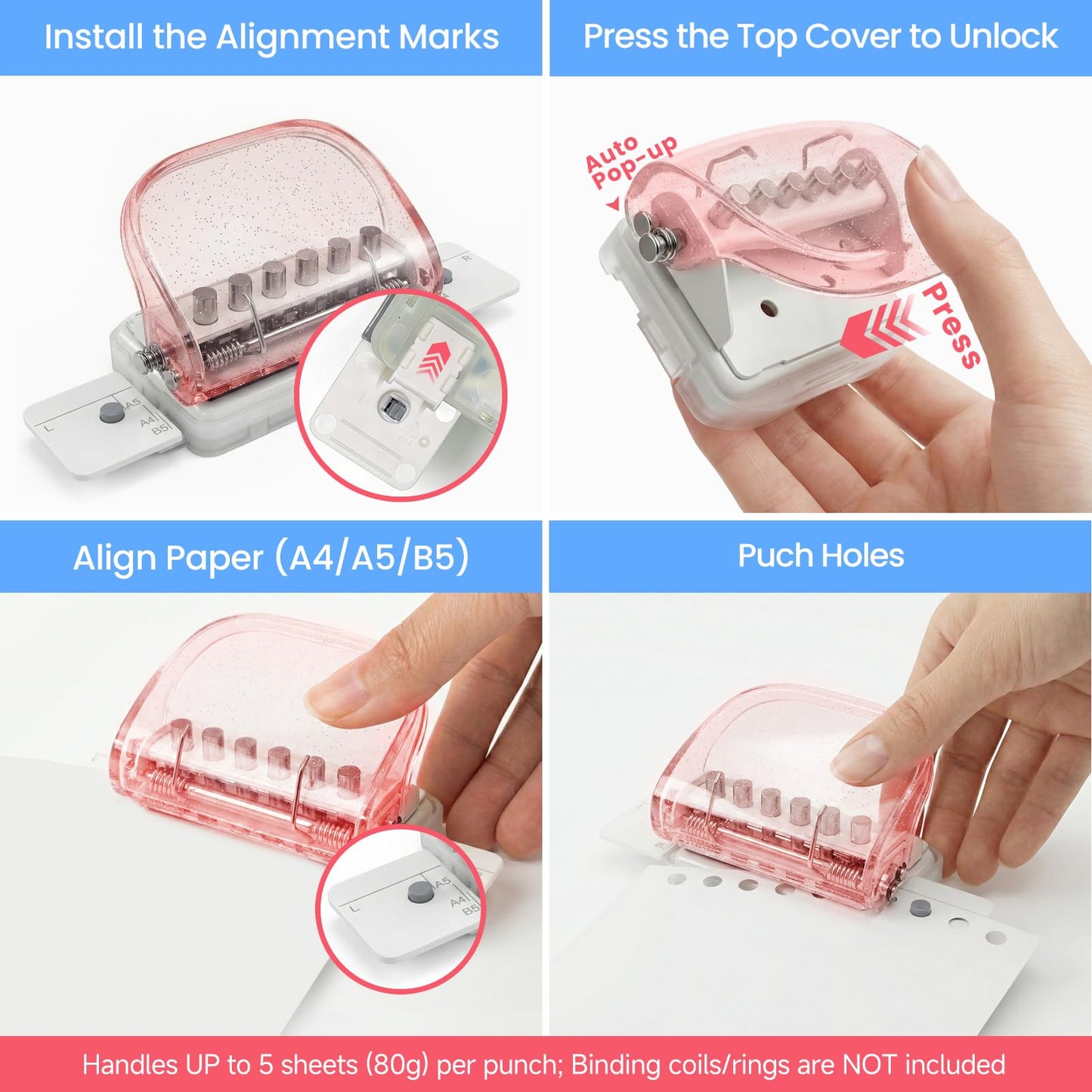 6-Hole Punch for Planners Essential,Mini Portable Paper Puncher for A5 A6 Personal Size Binder for DIY,Craft,Scrapbooking,Planner Inserts,Loose Leaf,Notebook,Journaling,for Office Home School