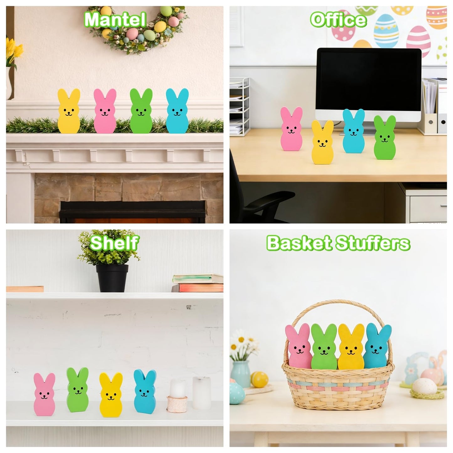 Easter Decorations - 4 PCS Wooden Bunny Decor for Home Table, Spring Peeps Signs Centerpiece for Office Mantel Tiered Tray, Easter Basket Stuffers Party Essentials Gifts for Classroom Indoor Shelf