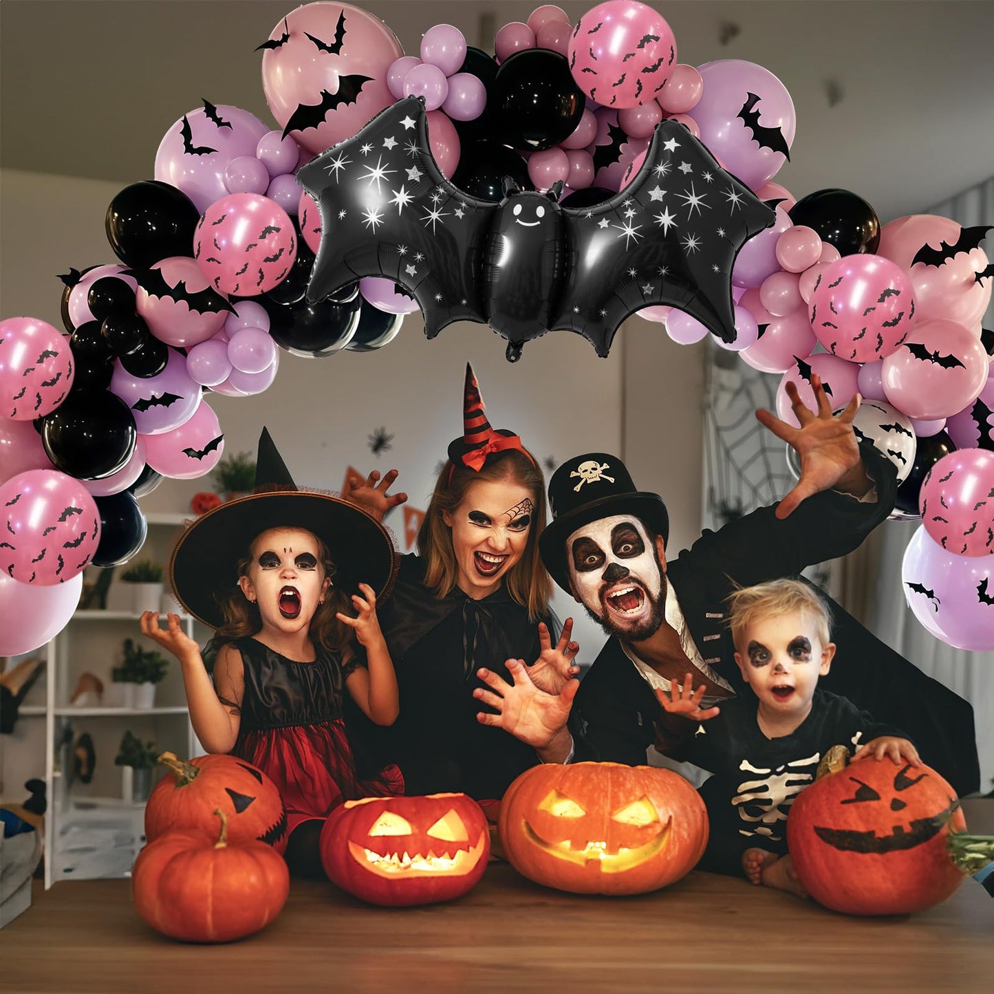 Halloween Balloon Arch Kit 102Pcs Hot Pink Purple Black Balloon Garland with Halloween Bat Foil Rose Red Balloons for Trick or Treat Day of the Dead Spooky Boo Ghost Haunted House Party Decorations