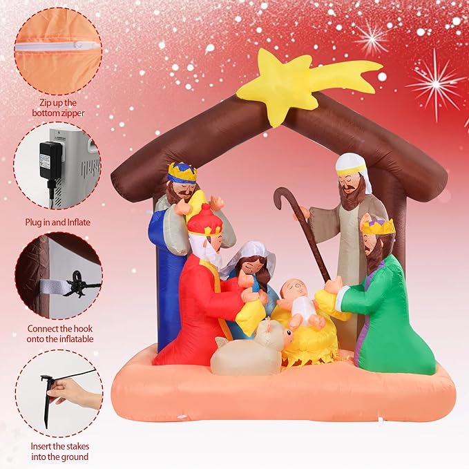 Vigdur Christmas Nativity Scene Outdoor, 6FT Christmas Inflatables Nativity Sets with LED Lights, Blow Up Yard Decorations for Yard Garden Lawn Winter Holiday Supplies Décor