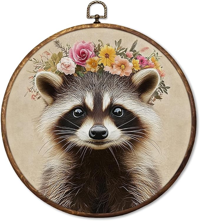 HUGANE Funny Floral Wreath Raccoon Round Wall Art Decor, Rustic Flower Racoon Trash Panda Hanging Canvas Framed Prints Wall Sculptures for Nursery Kids Room Home Bedroom Decor, 10x10 Inch
