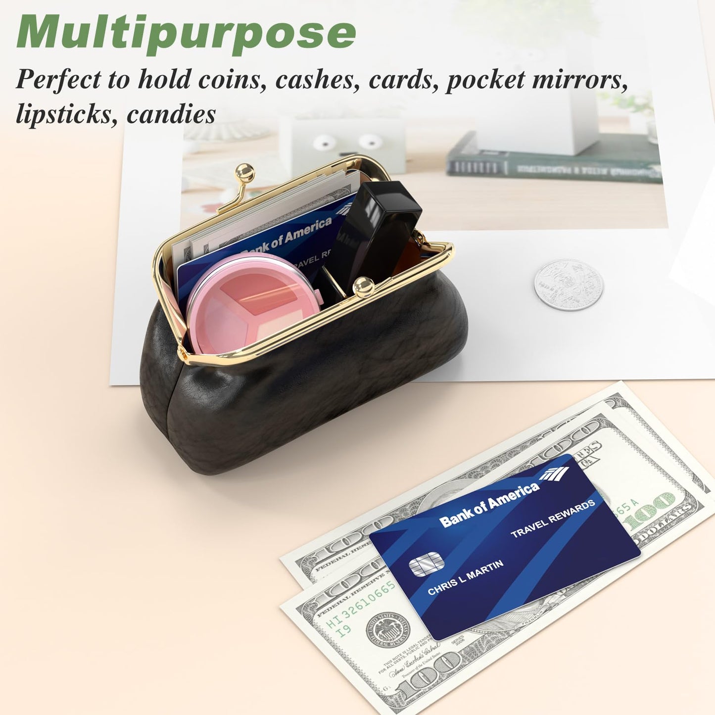 Coin Purse, Small PU Leather Change Purse, Coin Wallet with Clasp, Car Change Holder Pouch for Woman Men Kids Girls, Black